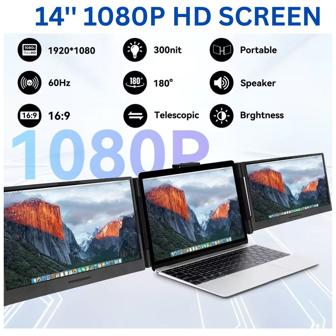 Portable Laptop Screen Extender- 14" Dual Monitor for Laptop with Built-in Speakers