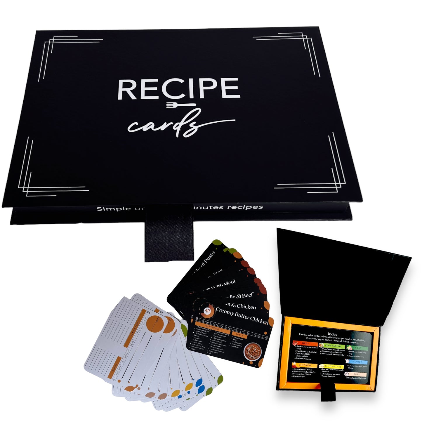 4x6 Double Sided Recipe cards and Box Set- 18 Meal Prep Cookbook flashcards & 17 Blank recipe cards and gift box set
