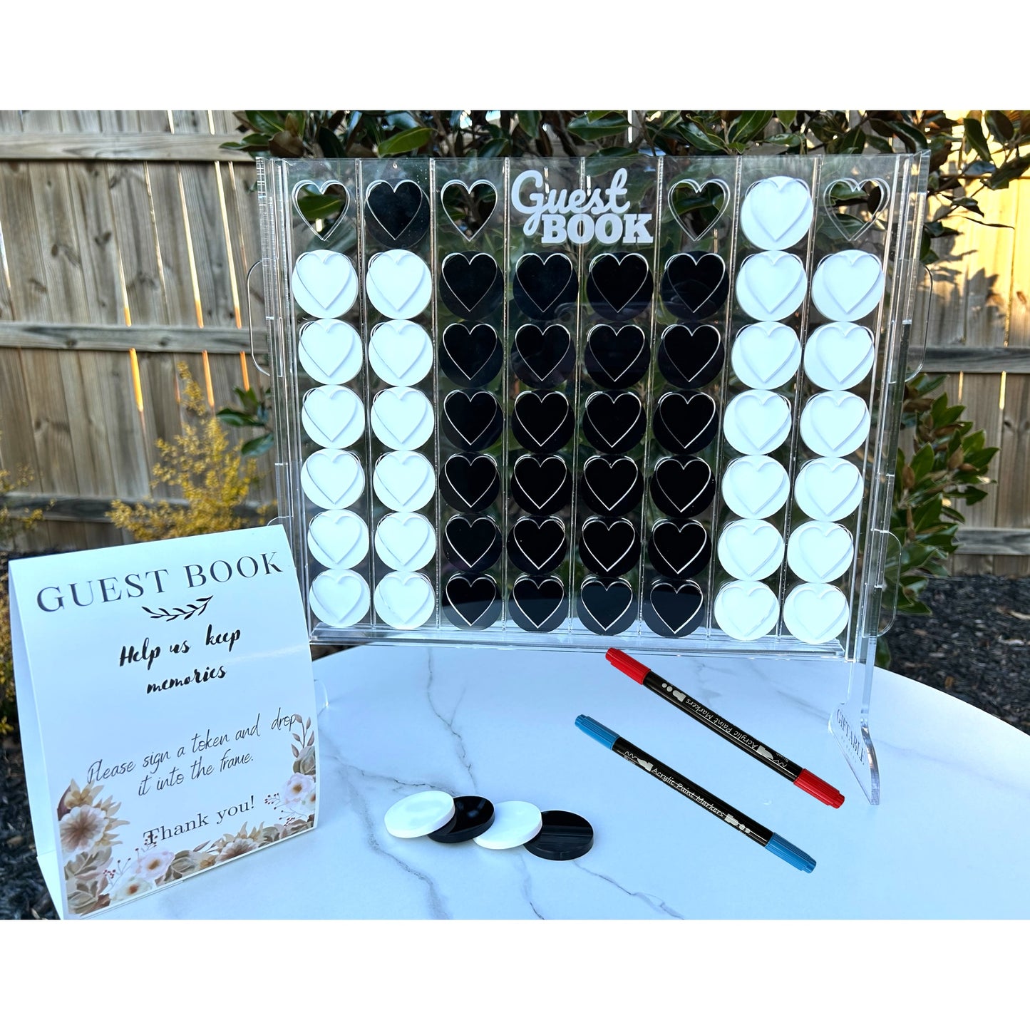 Wedding Guest Book Alternative- 16" X 15" Connect 4 Hearts Clear Acrylic Board with two markers & 54Pcs Tokens
