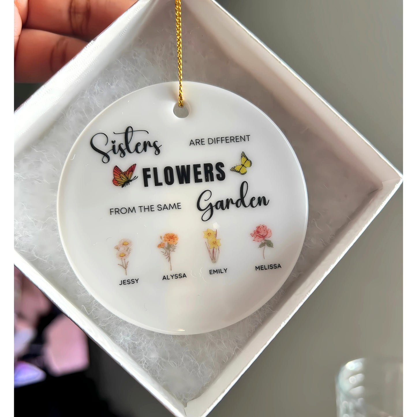 Personalized Sisters Ornament, Birth month flower ornament for sisters, sisters are different flowers, custom names gift, floral ornament