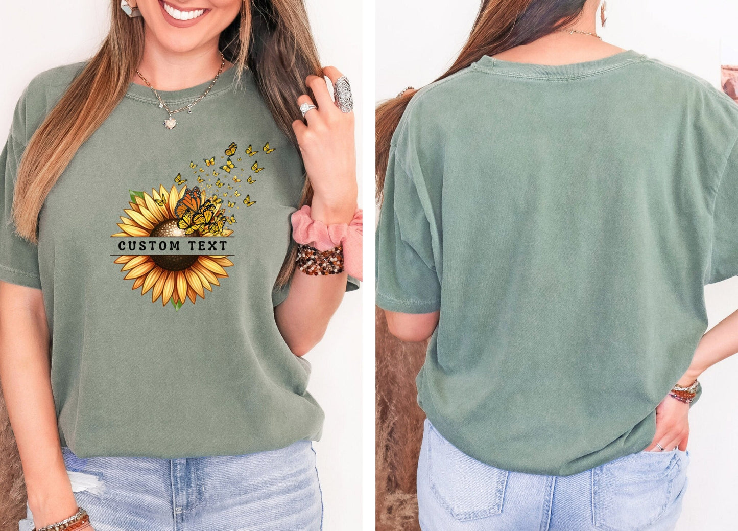 Custom Sunflower Butterfly Shirt Personalised Floral Shirt for Butterflies Sunflower Lovers Mothers Day Botanical Flowers Gift Shirt