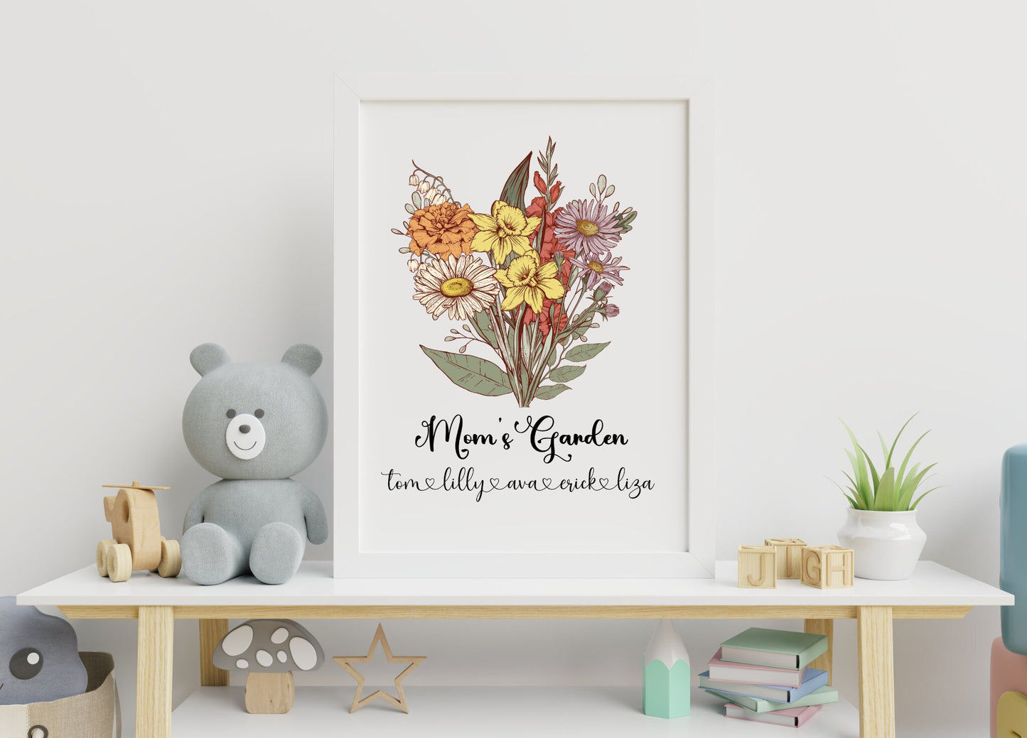 Custom Birth Flower Bouquet Wall Art,Birth Month Flower Art, Birthday Gift for Mom, Grandma Birth Flower Bouquet, Personalized Family Gift