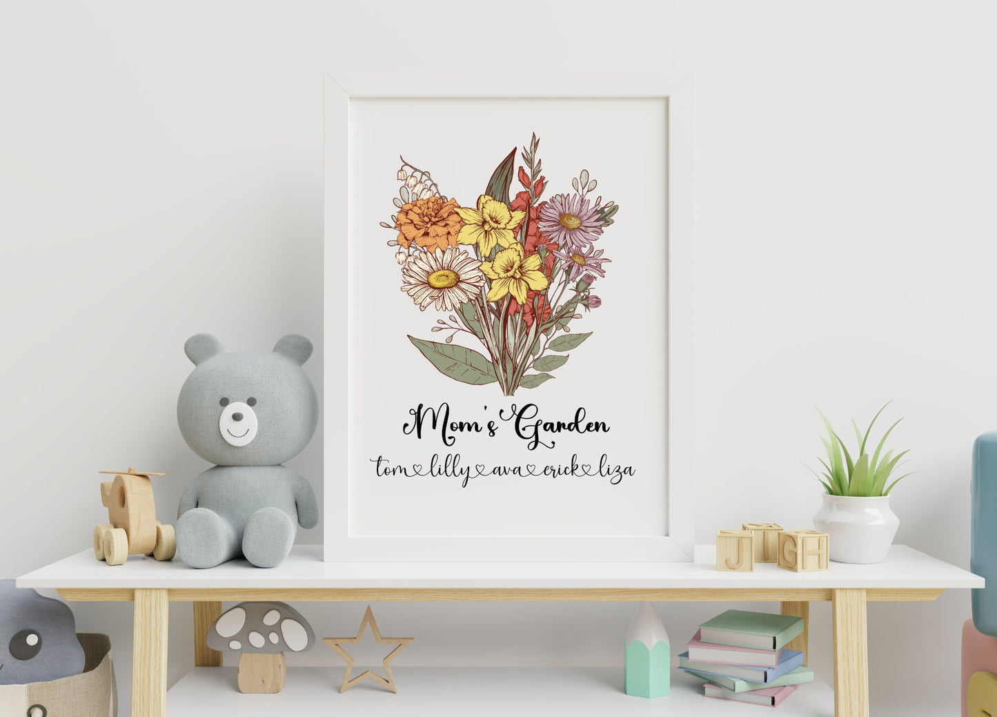 Custom Birth Flower Bouquet Wall Art,Birth Month Flower Art, Birthday Gift for Mom, Grandma Birth Flower Bouquet, Personalized Family Gift