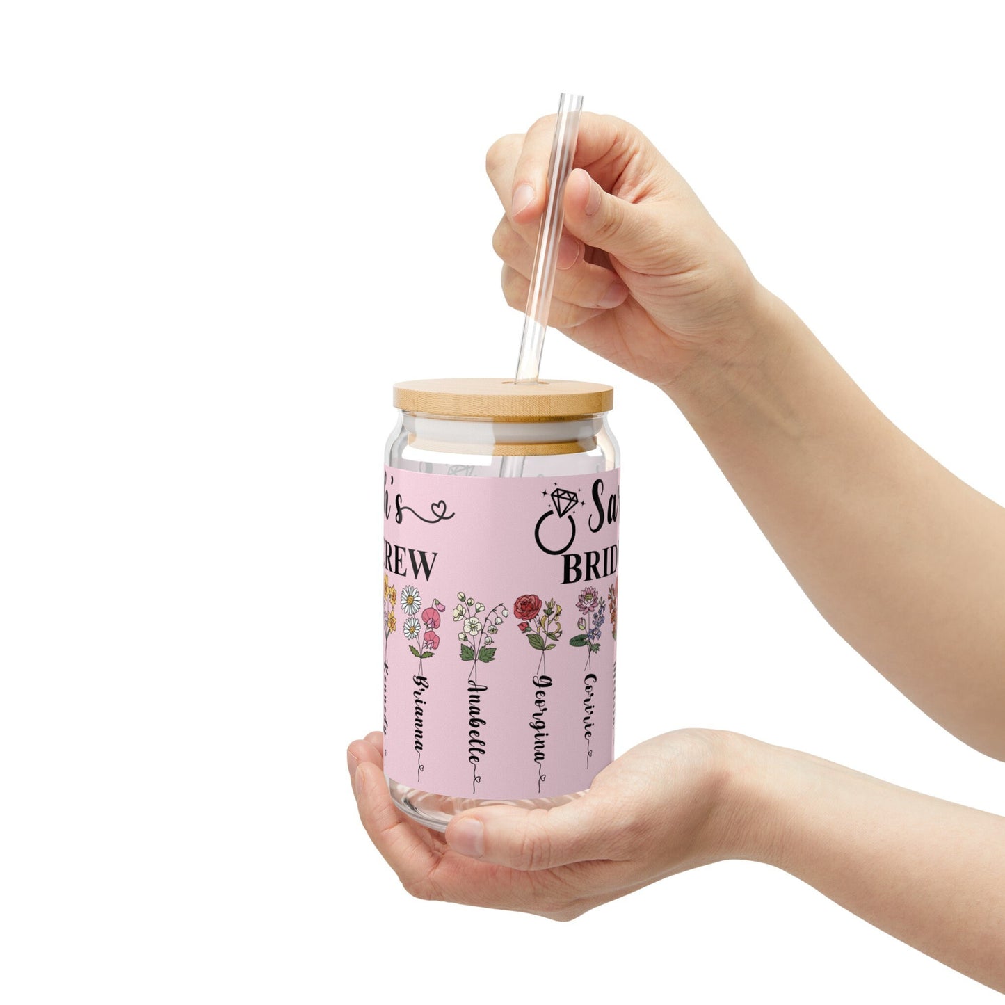 Personalized Birth Month Flower Tumbler 16oz Bridesmaid Proposal Gift Tumbler Iced Coffee Cup Custom Glass Cup with Straw for Bridal Party
