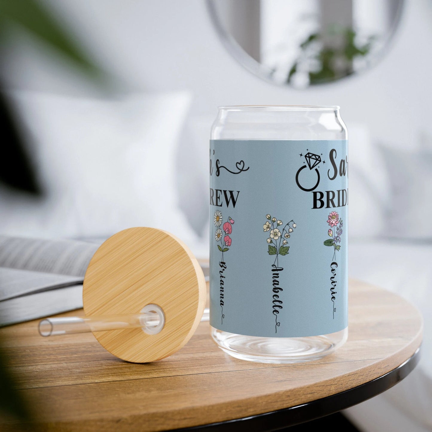 Personalized Birth Month Flower Tumbler 16oz Bridesmaid Proposal Gift Tumbler Iced Coffee Cup Custom Glass Cup with Straw for Bridal Party
