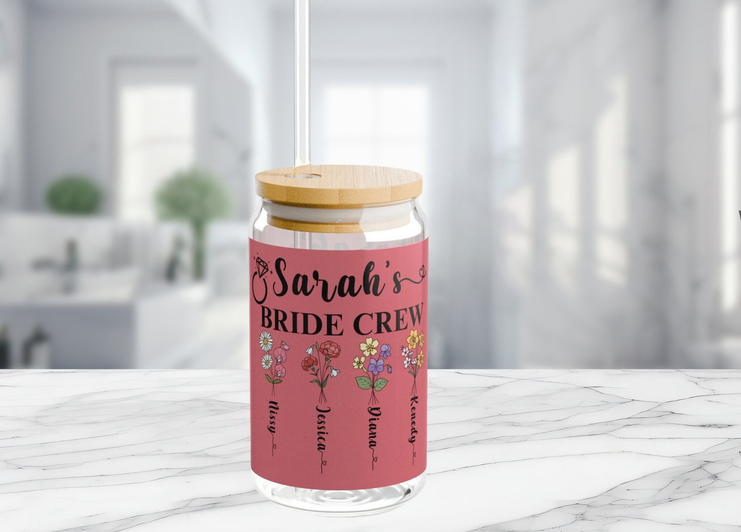 Personalized Birth Month Flower Tumbler 16oz Bridesmaid Proposal Gift Tumbler Iced Coffee Cup Custom Glass Cup with Straw for Bridal Party