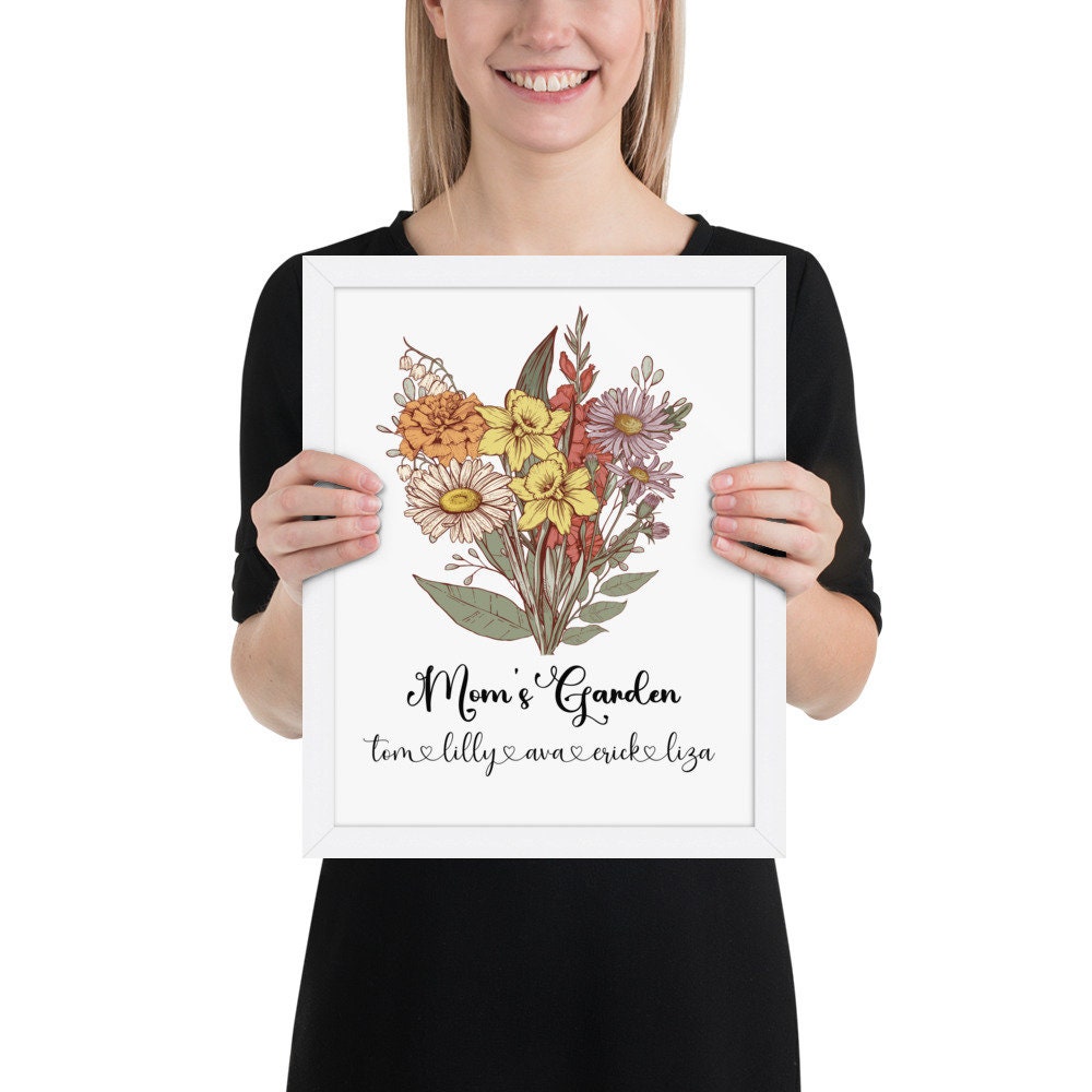 Custom Birth Flower Bouquet Wall Art,Birth Month Flower Art, Birthday Gift for Mom, Grandma Birth Flower Bouquet, Personalized Family Gift