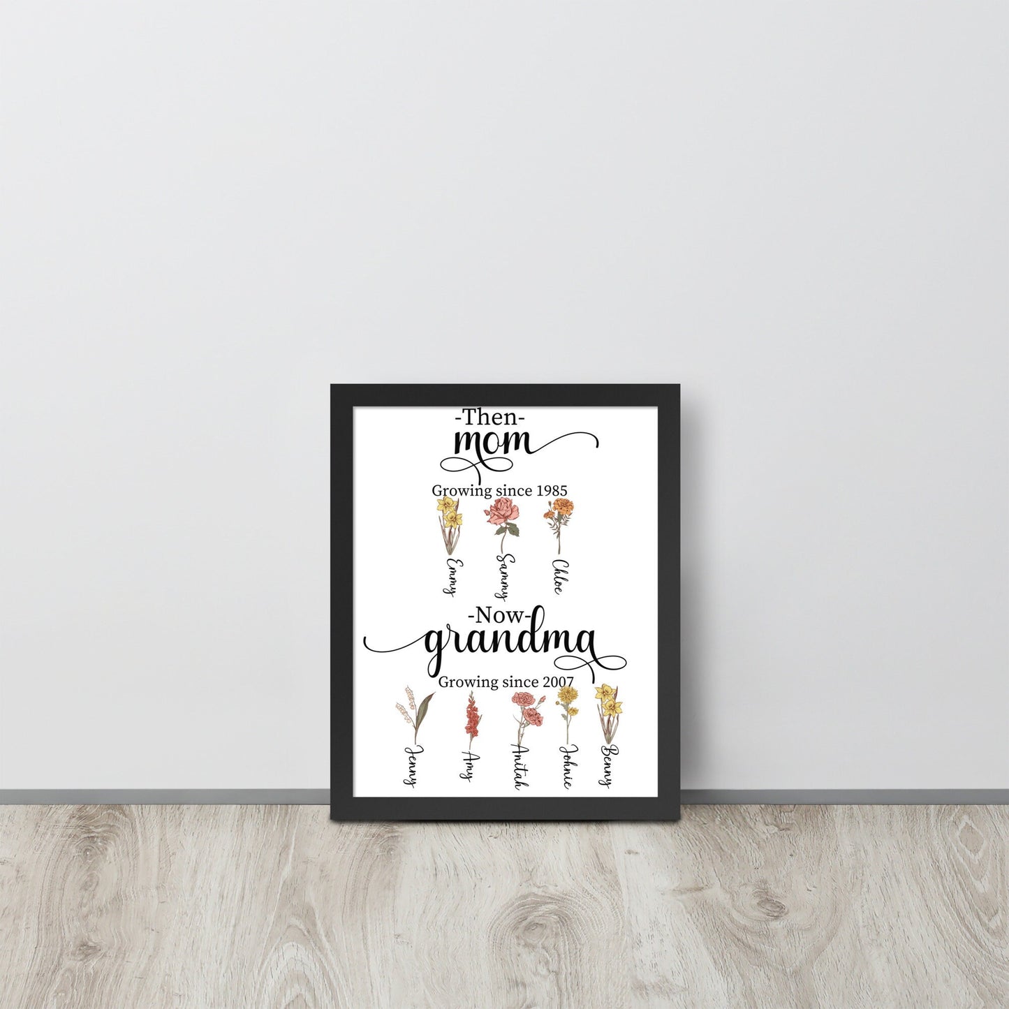 Personalized Birth Flower Wall Art, Custom Grandma Gift, Mom Gift, Wooden Framed Poster, Mothers Day Birthday Gift, First Mom Now, Nana Gift