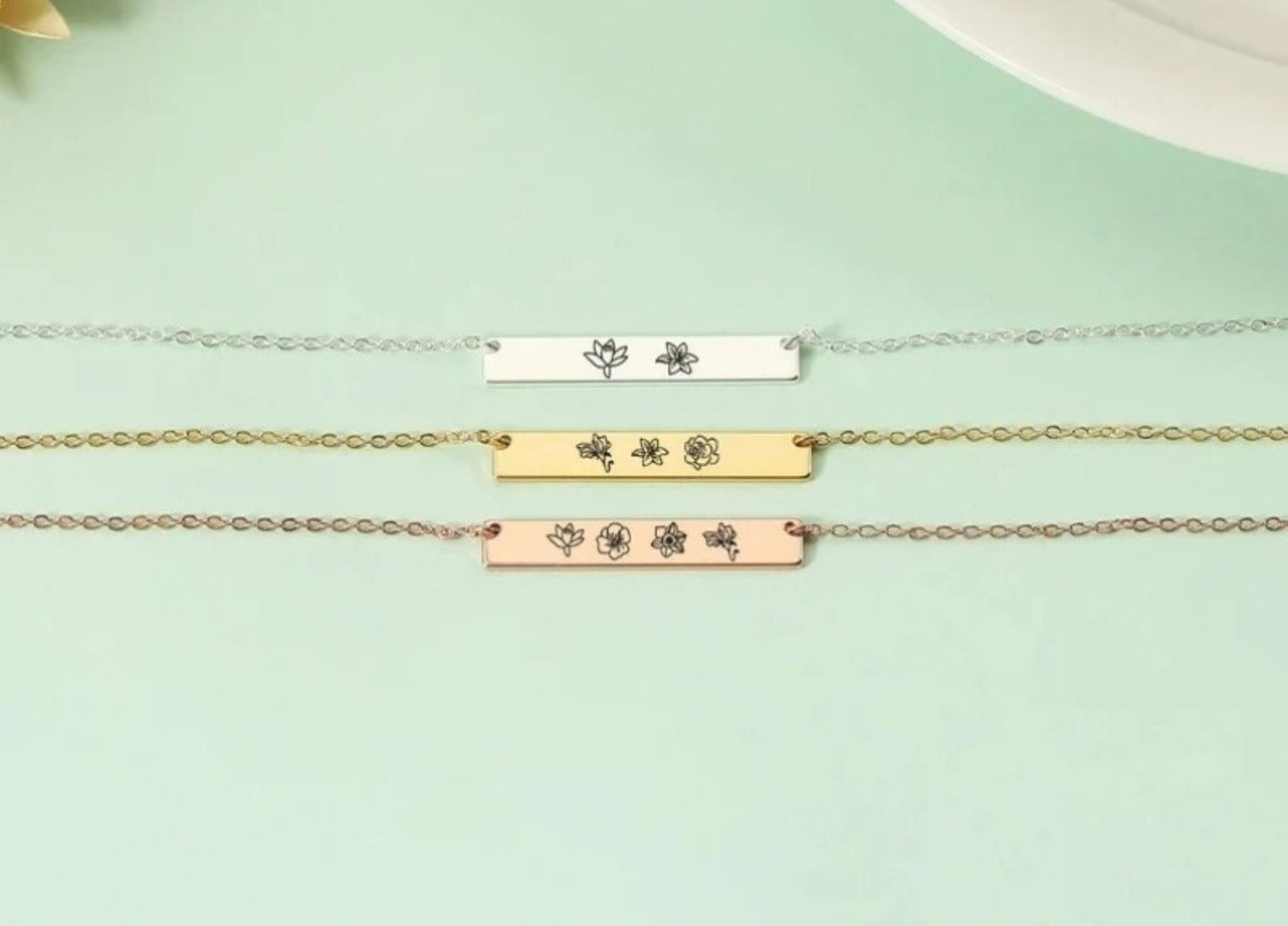 Custom Birth flower Bar Necklace, Birthday gift for mom girlfriend Grandma, Birth Flower Jewelry, Anniversary Wife Gift, Mothers Day Gifts
