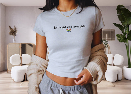 Just a girl who loves girls Baby Tee, Lesbian Pride Shirt Gift, Butterfly Pride Shirt, Pride Month Shirt, LGBTQ Women Gift, y2k Baby Tee