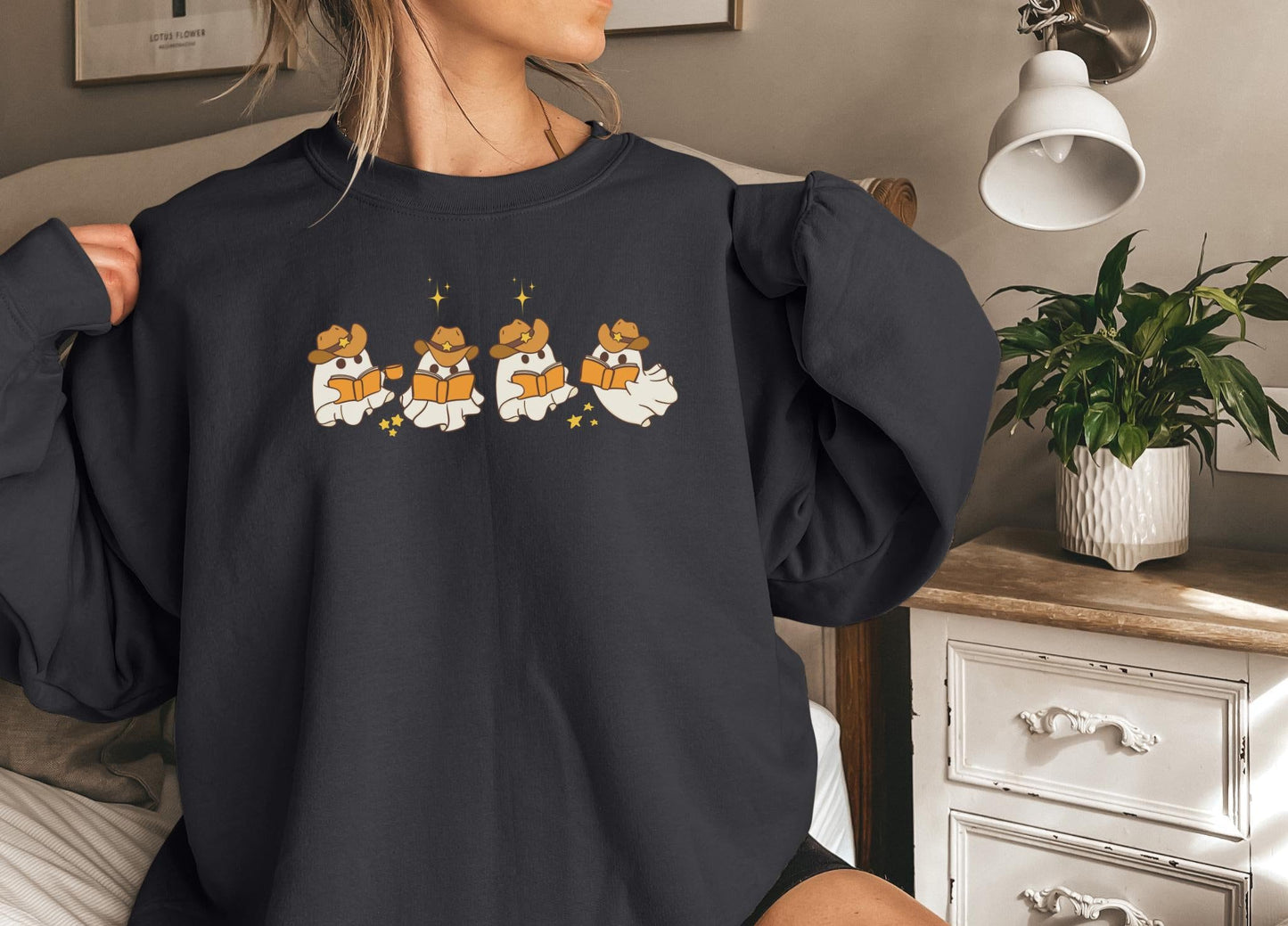Funny Halloween Sweatshirt, Country Cowboy Ghosts Reading books,Fall Teacher Sweatshirt, Book Lover Shirt, Bookish Halloween Sweatshirt