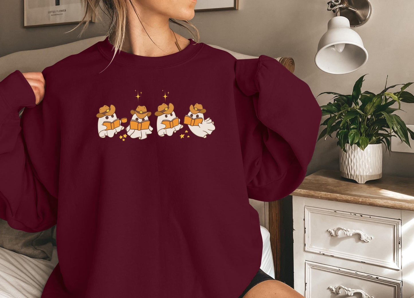 Funny Halloween Sweatshirt, Country Cowboy Ghosts Reading books,Fall Teacher Sweatshirt, Book Lover Shirt, Bookish Halloween Sweatshirt