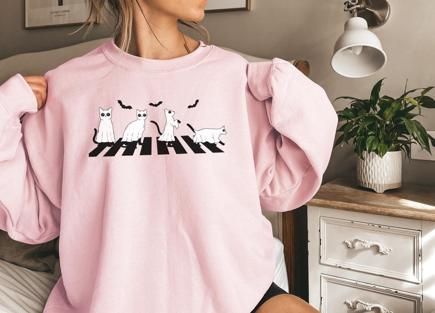 Halloween ghosts black cats sweatshirt,Funny Halloween shirt women, spooky ghost halloween party gift, trick or treat cute fall tee