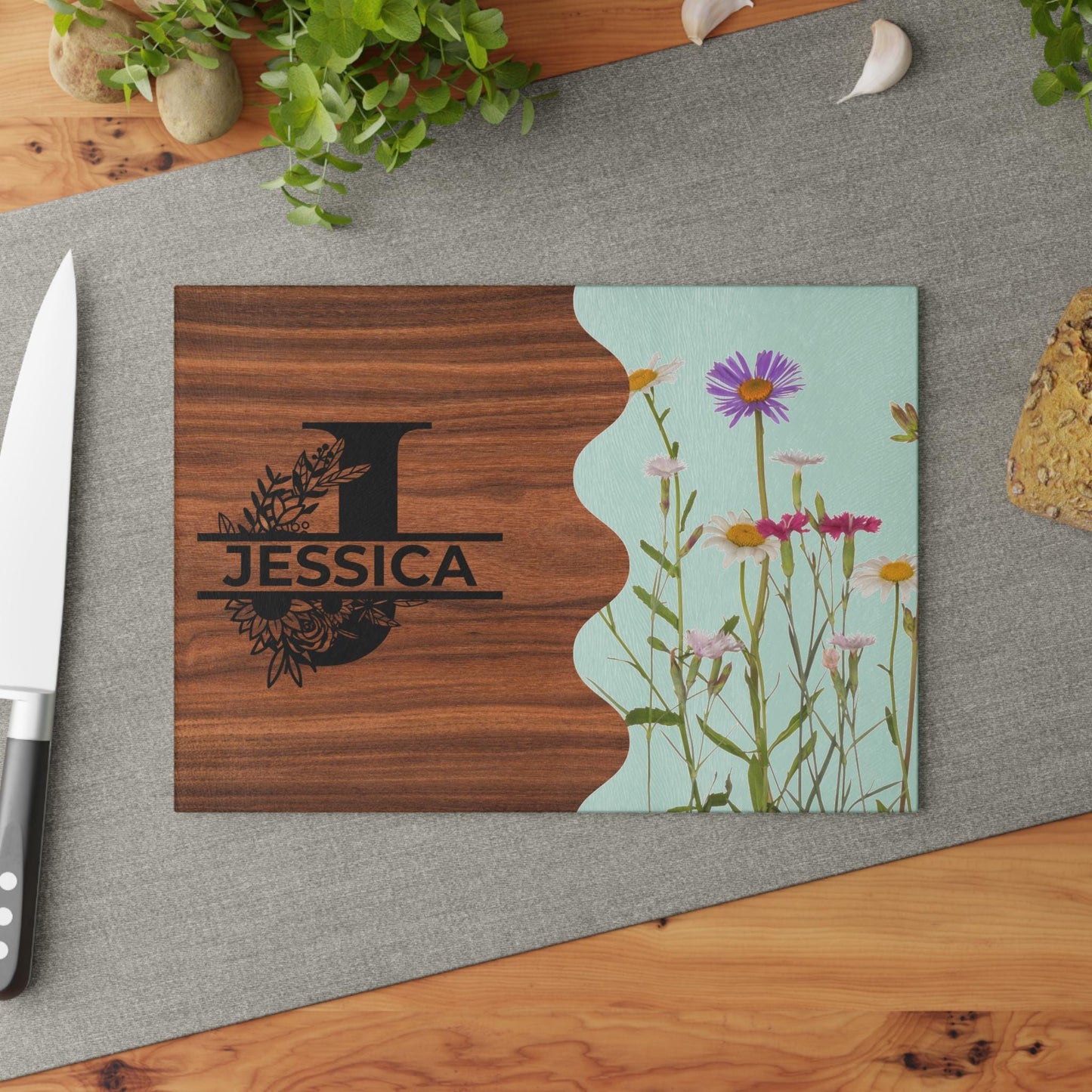 Personalized Wildflower Name Initial Glass Cutting Board, Housewarming gift, home decor kitchen gift, Custom Cutting board charcuterie board