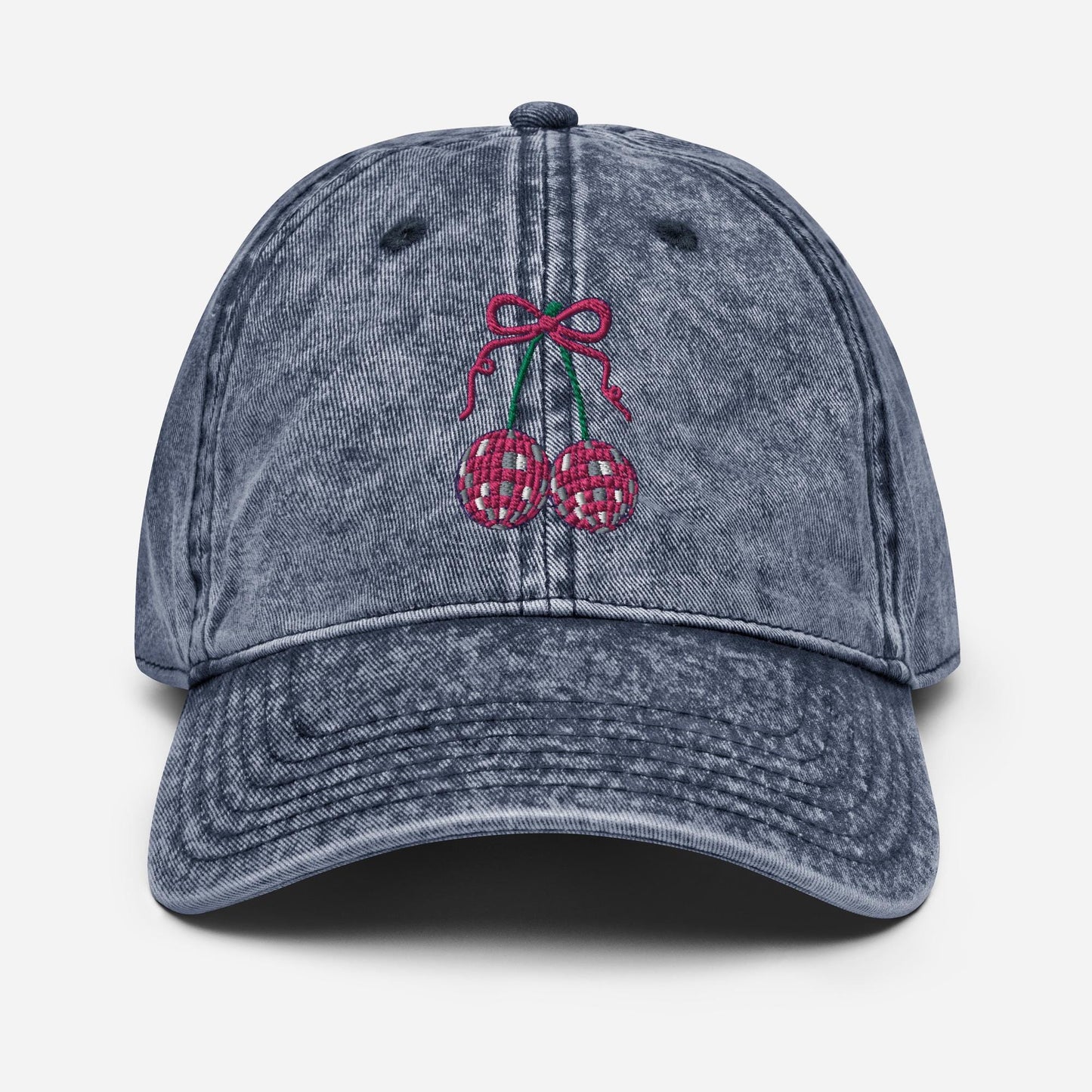 Embroidered cherry bow hat, coquette Vintage aesthetic pink disco ball cherry hat, Cotton Twill Cap gift for her