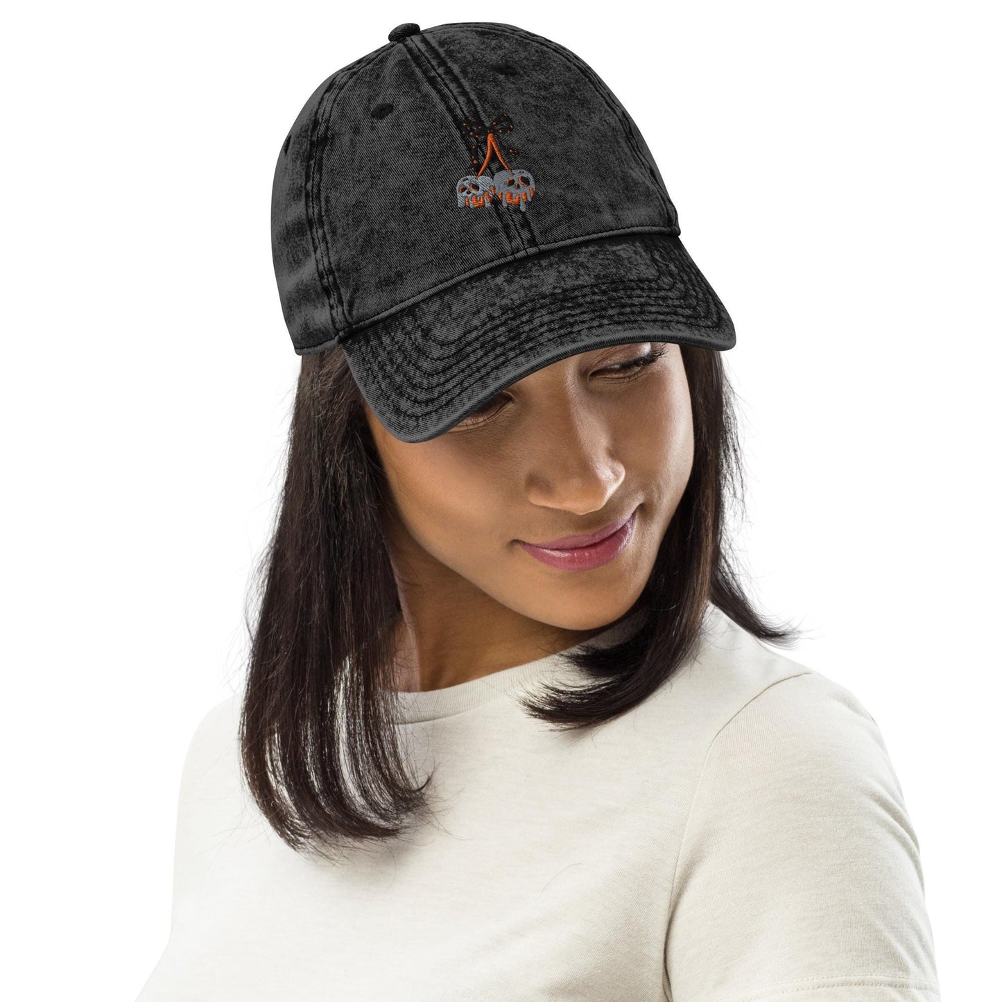 Embroidered halloween cherry bow hat, coquette Vintage aesthetic spooky ghost cherry hat, Cotton Twill Cap gift for her