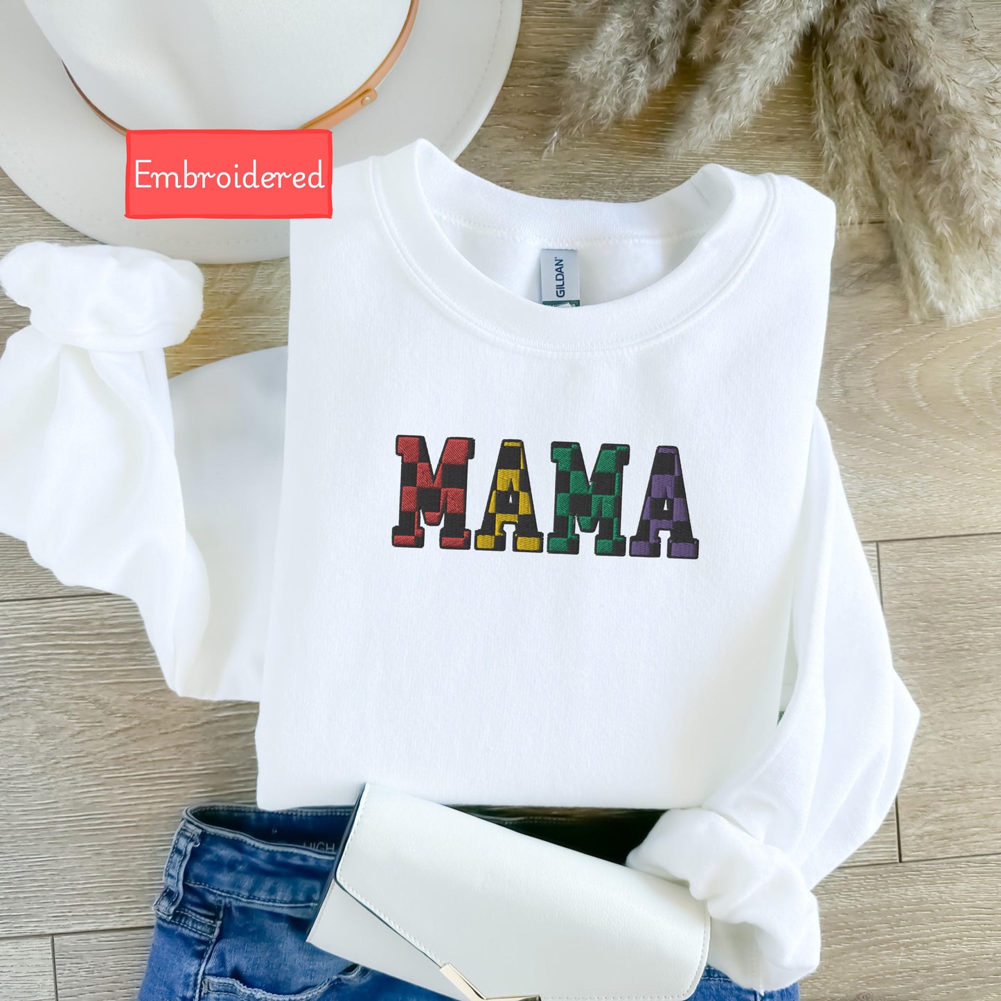 Embroidered Mama Sweatshirt, Checkered Mama sweatshirt, Fall season sweatshirt for mom, Embroidered mama sweater