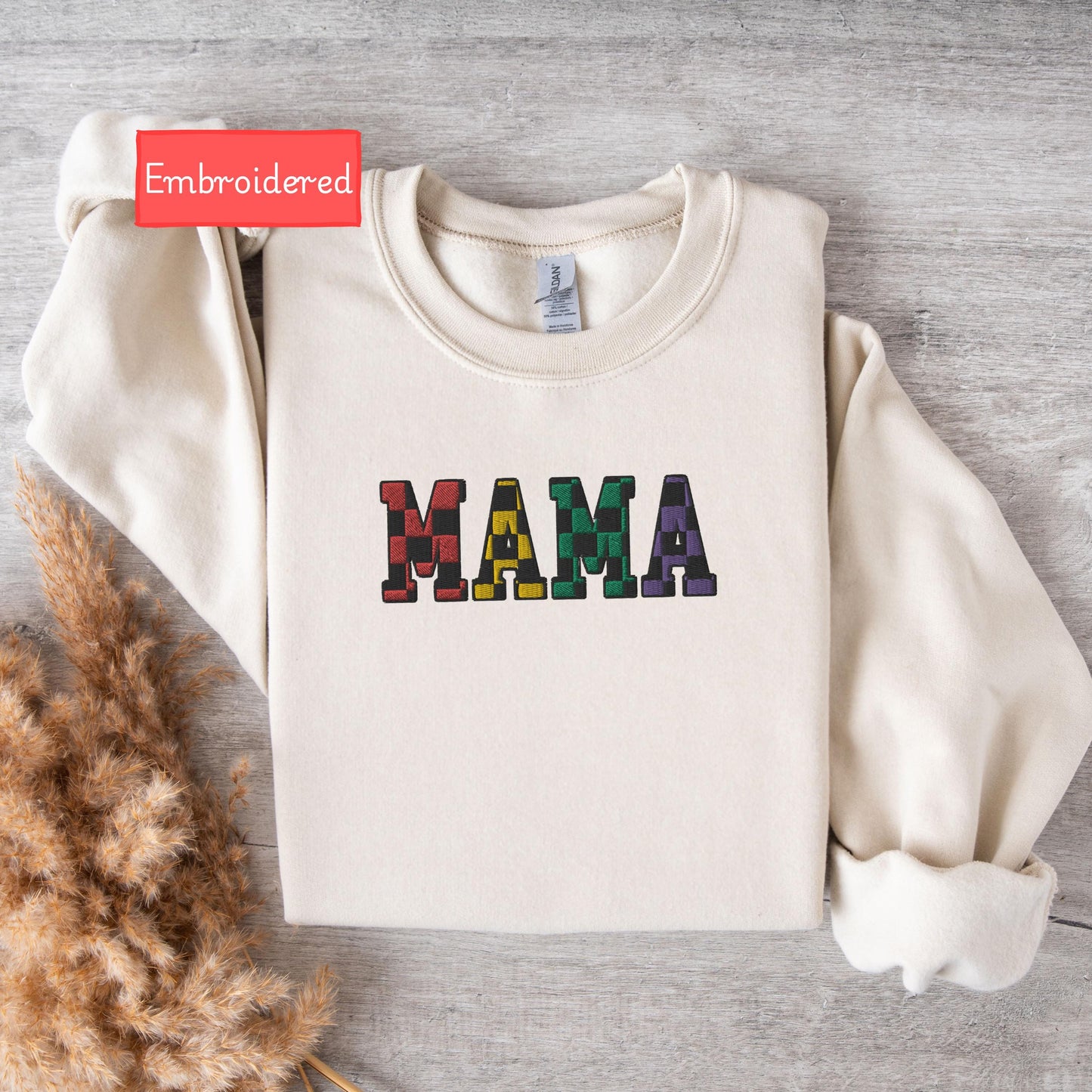 Embroidered Mama Sweatshirt, Checkered Mama sweatshirt, Fall season sweatshirt for mom, Embroidered mama sweater