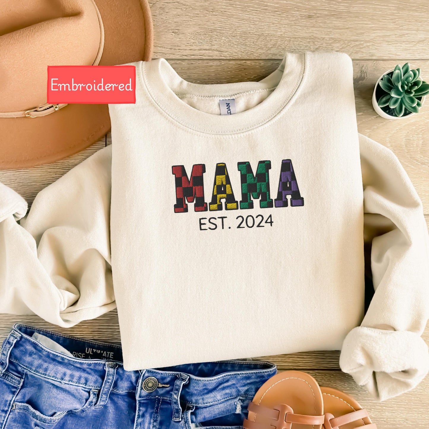Embroidered personalized mama Sweatshirt, fall season sweatshirt for mom, checkered mama sweatshirt, embroidered first time mama sweater