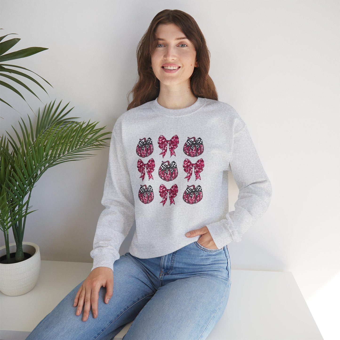 Pink bow halloween sweatshirt, pumpkin sweatshirt with bow , fall season sweater gift for her, coquette bow sweatshirt
