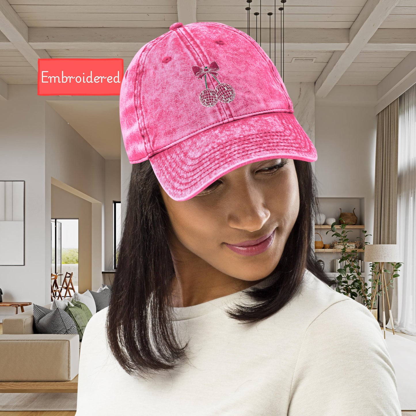 Embroidered coquette cherry bow hat, Vintage aesthetic pink disco ball cherry hat, Cotton Twill Cap gift for her