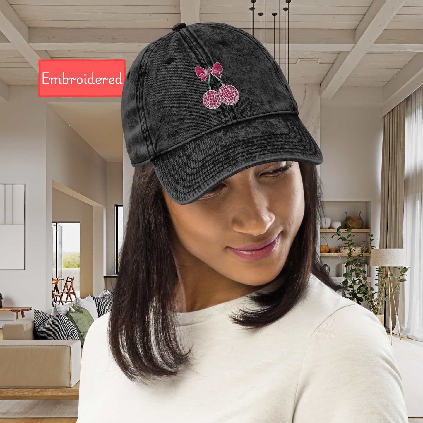 Embroidered coquette cherry bow hat, Vintage aesthetic pink disco ball cherry hat, Cotton Twill Cap gift for her