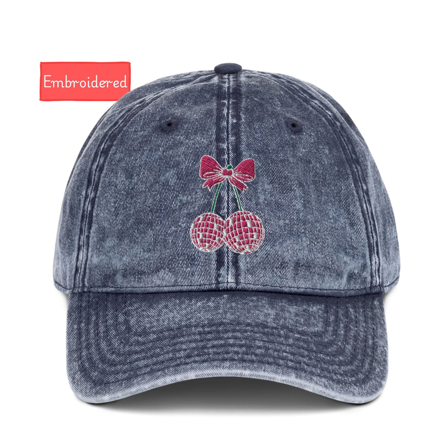 Embroidered coquette cherry bow hat, Vintage aesthetic pink disco ball cherry hat, Cotton Twill Cap gift for her