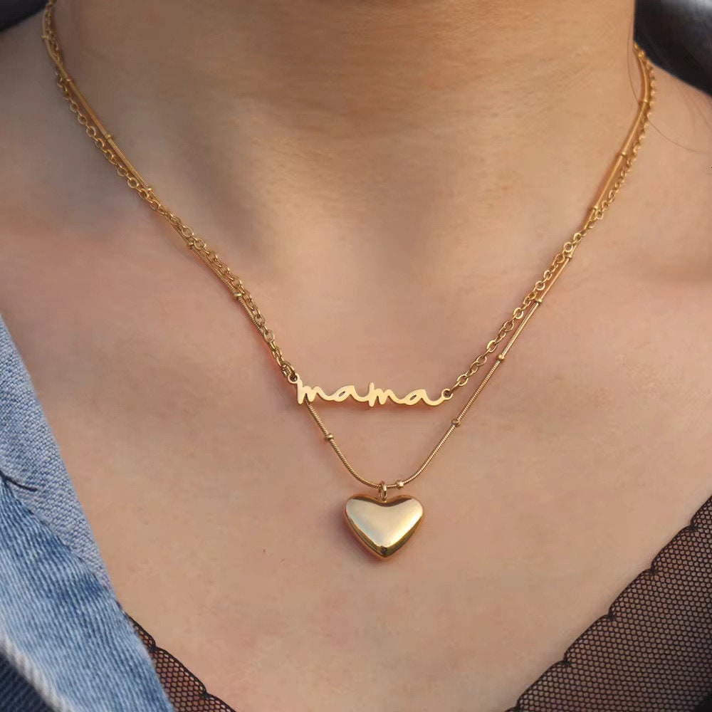 Mama necklace, Layered necklace gift for mom, heart pendant necklaces for women, necklace for mom, stacked mama necklace birthday