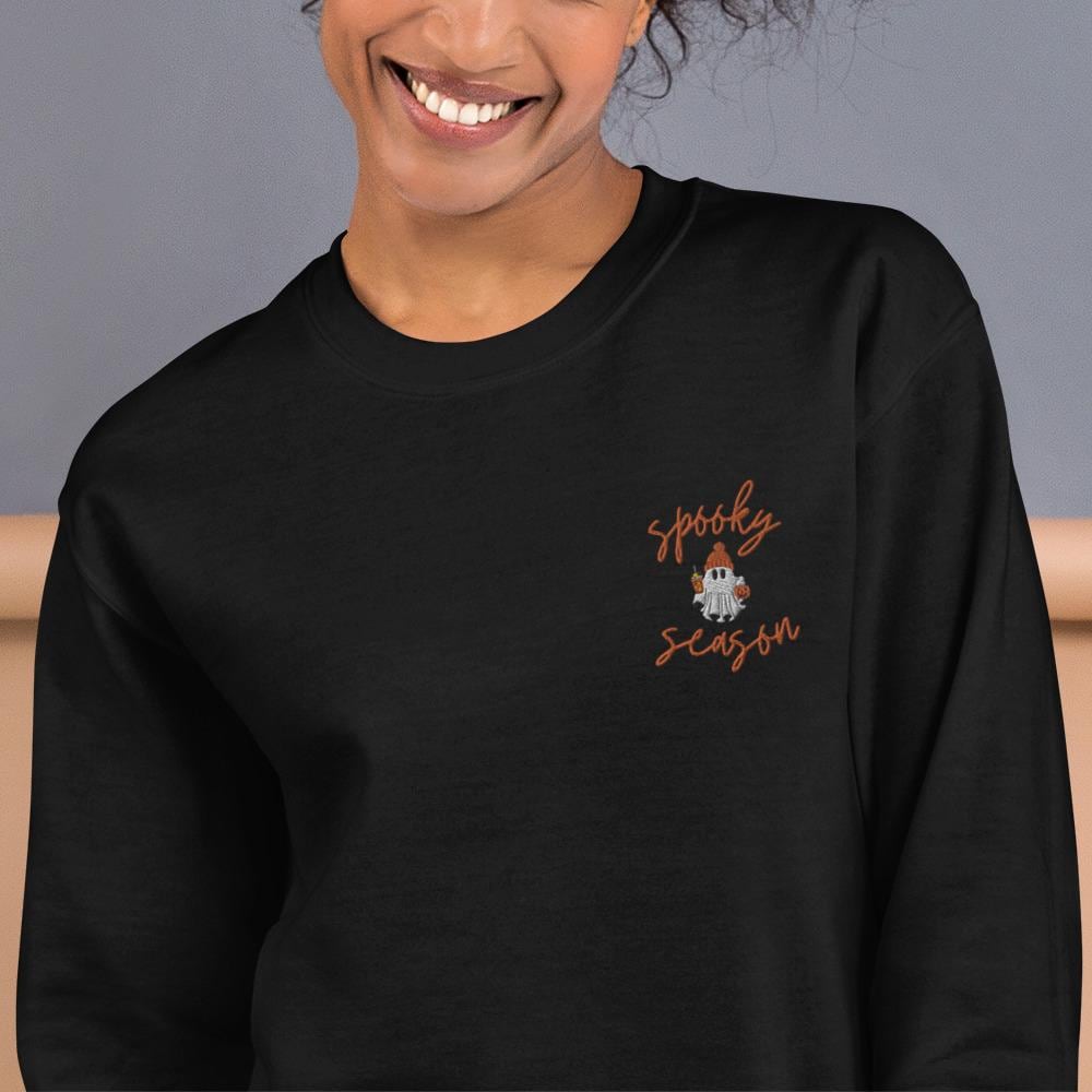 Embroidered Cute Ghost Halloween sweatshirt, Pumpkin Spice Coffee Sweater, Spooky Season sweatshirt, fall sweatshirt women