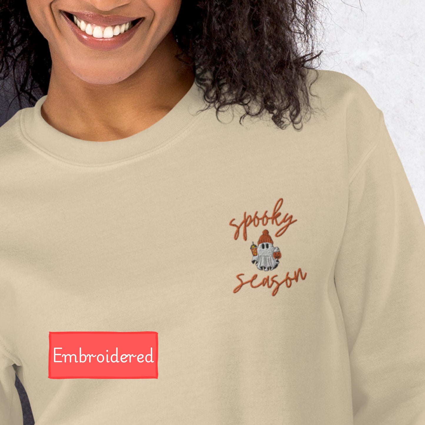 Embroidered Cute Ghost Halloween sweatshirt, Pumpkin Spice Coffee Sweater, Spooky Season sweatshirt, fall sweatshirt women