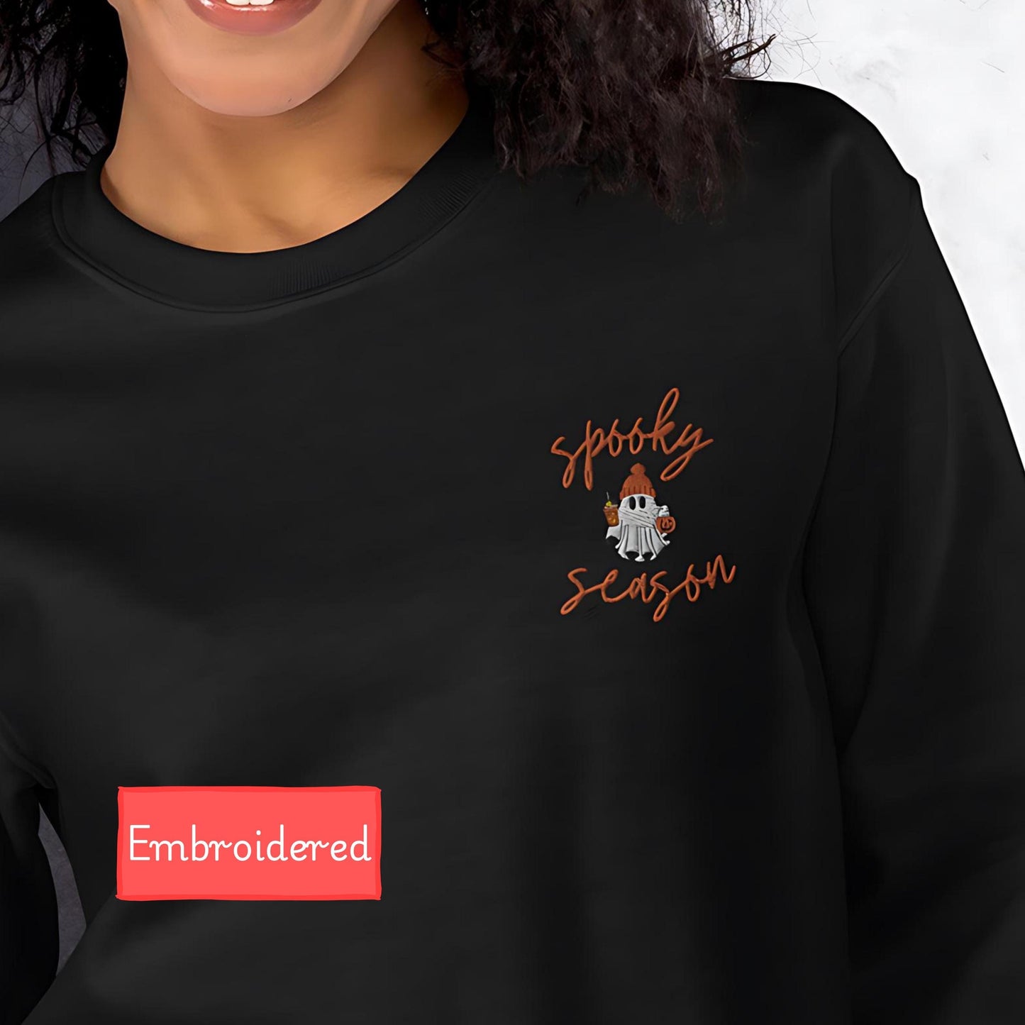 Embroidered Cute Ghost Halloween sweatshirt, Pumpkin Spice Coffee Sweater, Spooky Season sweatshirt, fall sweatshirt women
