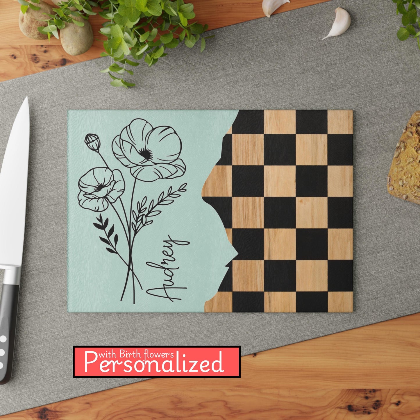 Personalized Birthflower Checkered Glass Cutting Board, Textured Tempered Glass Charcuterie Board , Custom Name New Home Gift for friend