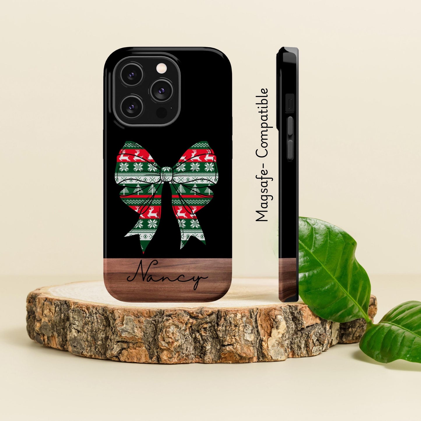 Custom ugly christmas coquette phone case, Magsafe compatible tough case with bow, iphone case christmas gift, for iPhone 16 15 14 13 pro