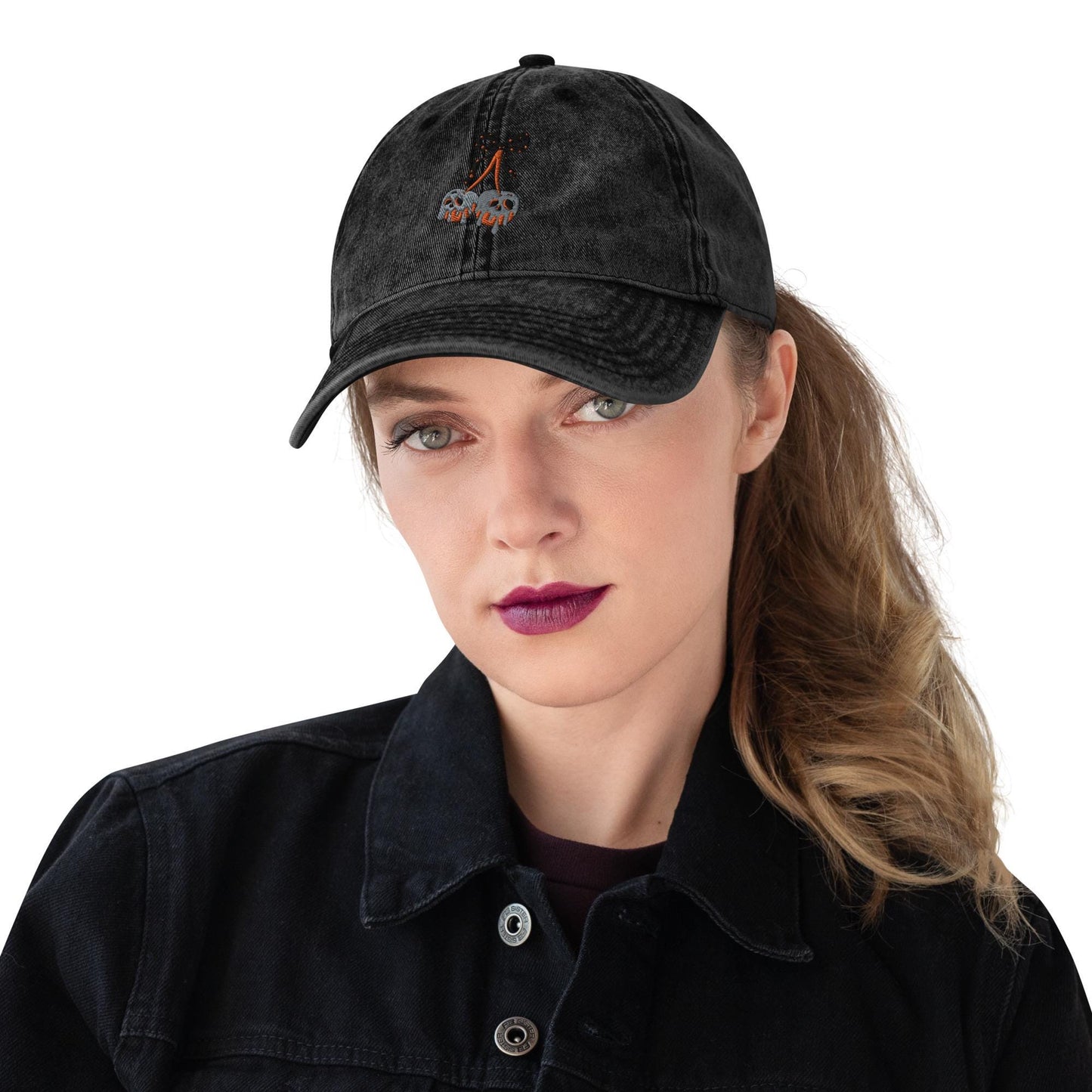 Embroidered halloween cherry bow hat, coquette Vintage aesthetic spooky ghost cherry hat, Cotton Twill Cap gift for her