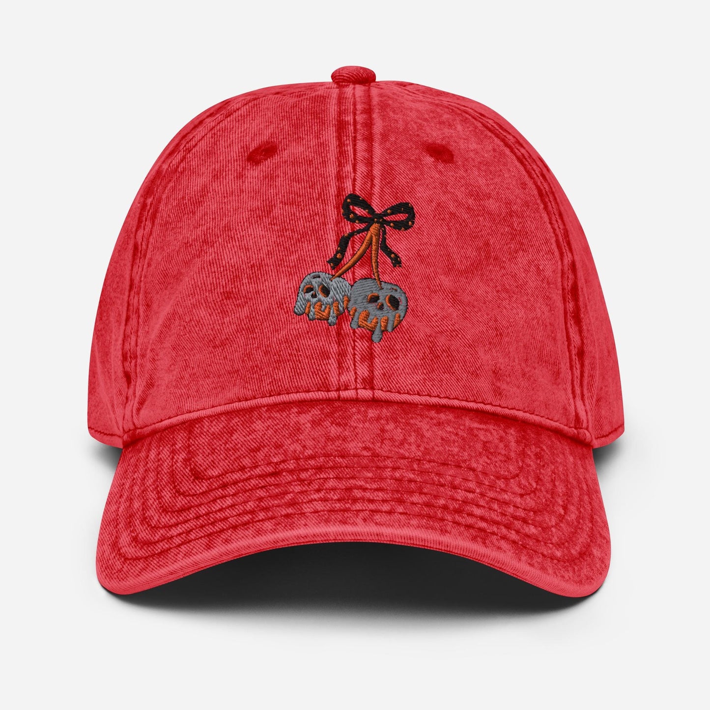 Embroidered halloween cherry bow hat, coquette Vintage aesthetic spooky ghost cherry hat, Cotton Twill Cap gift for her
