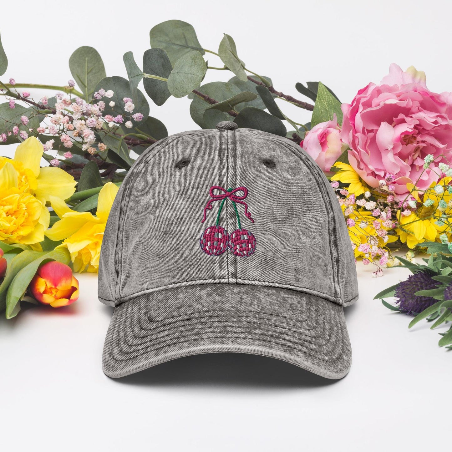 Embroidered cherry bow hat, coquette Vintage aesthetic pink disco ball cherry hat, Cotton Twill Cap gift for her