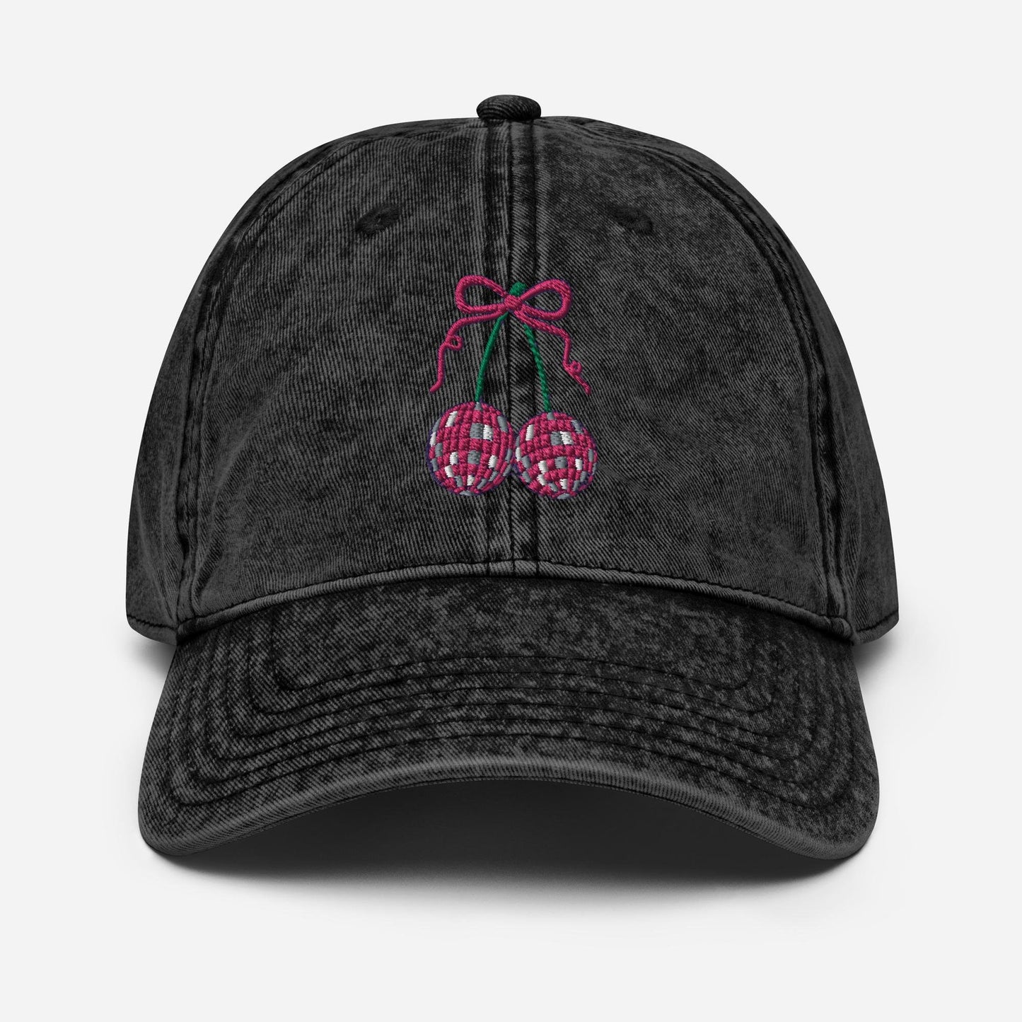 Embroidered cherry bow hat, coquette Vintage aesthetic pink disco ball cherry hat, Cotton Twill Cap gift for her