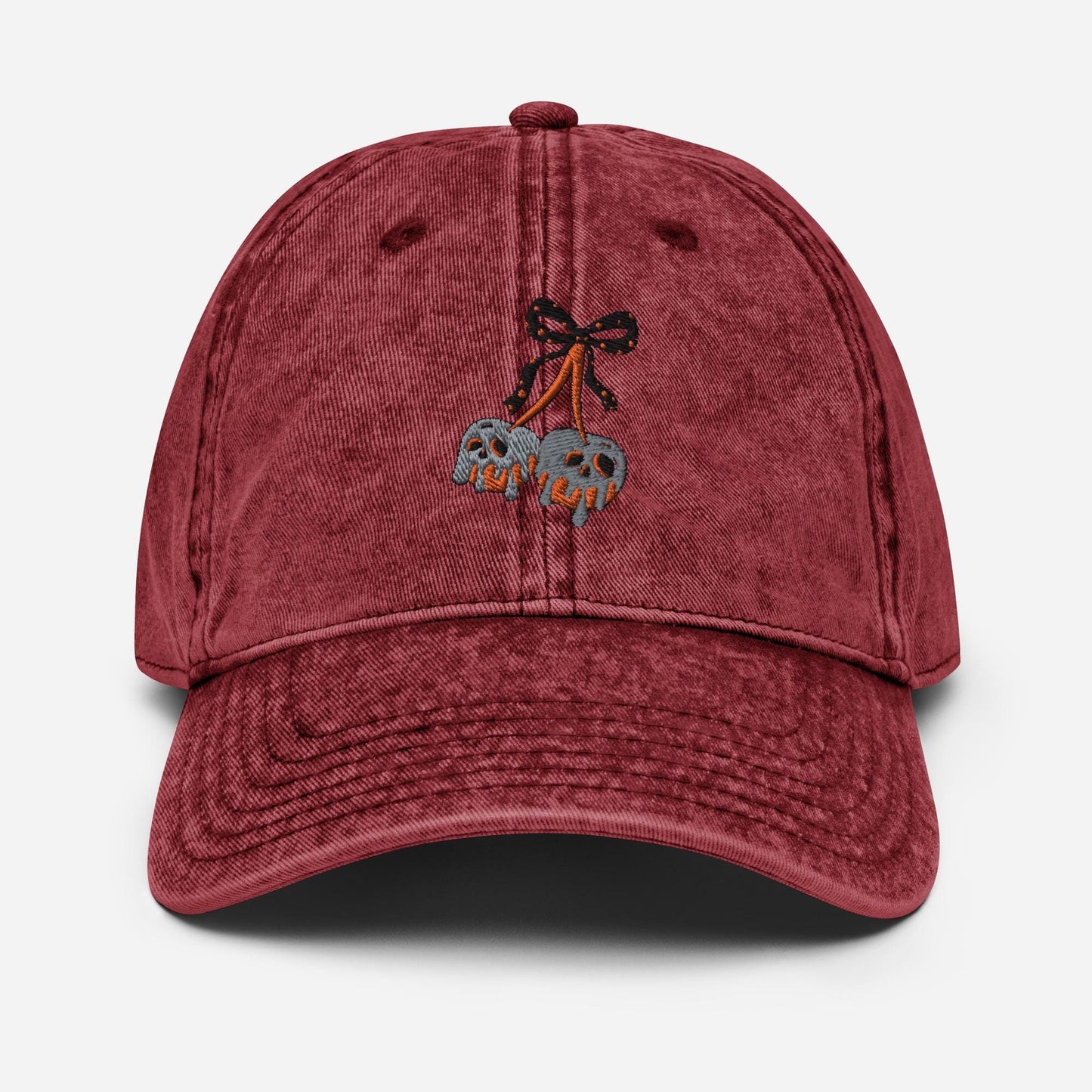 Embroidered halloween cherry bow hat, coquette Vintage aesthetic spooky ghost cherry hat, Cotton Twill Cap gift for her