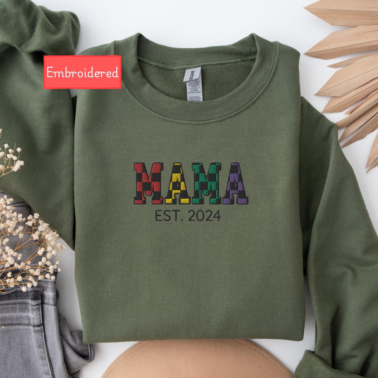 Embroidered personalized mama Sweatshirt, fall season sweatshirt for mom, checkered mama sweatshirt, embroidered first time mama sweater