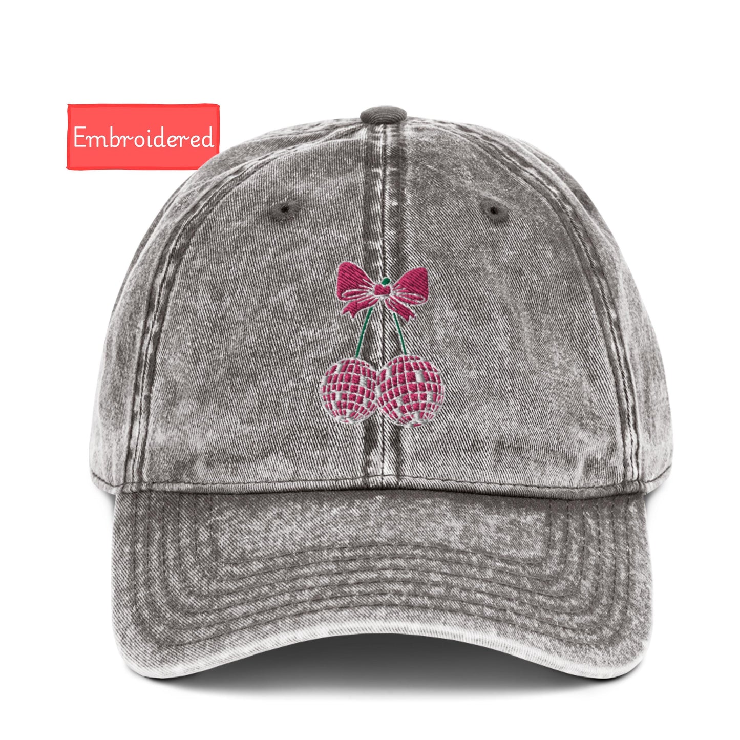 Embroidered coquette cherry bow hat, Vintage aesthetic pink disco ball cherry hat, Cotton Twill Cap gift for her
