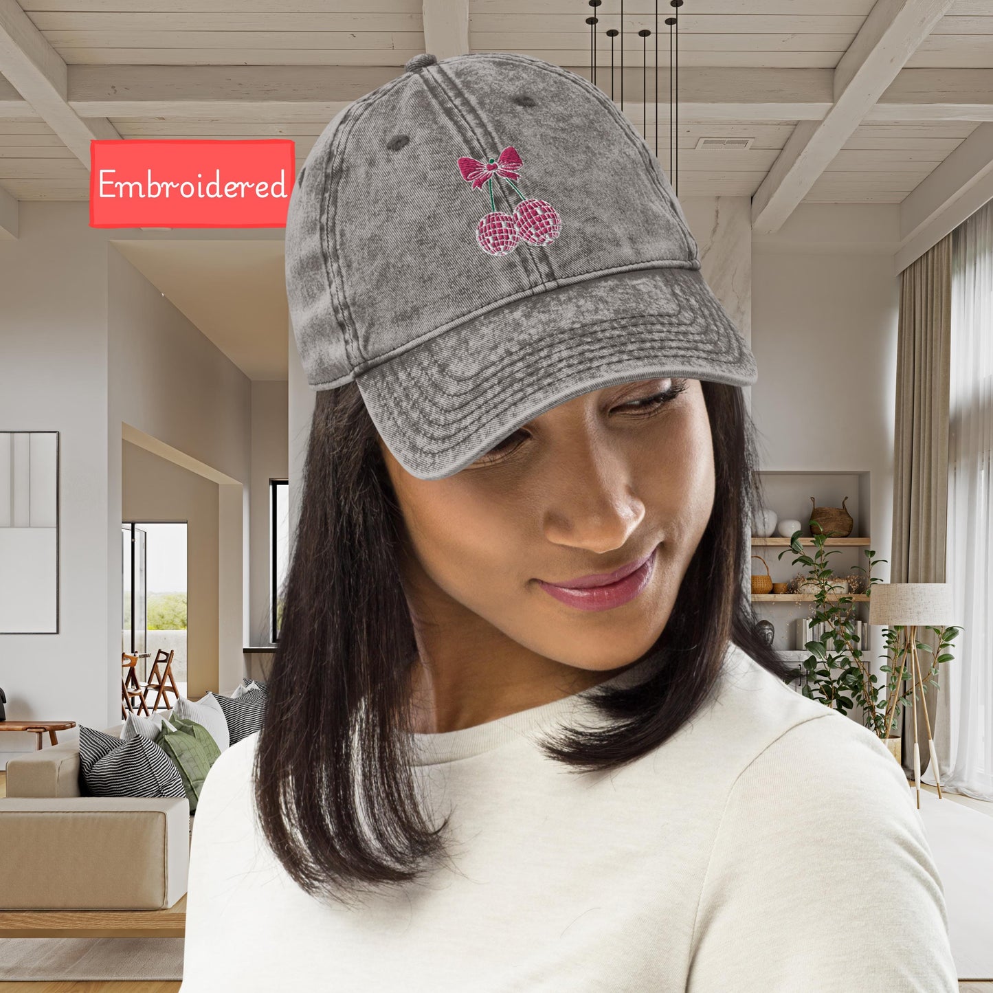 Embroidered coquette cherry bow hat, Vintage aesthetic pink disco ball cherry hat, Cotton Twill Cap gift for her