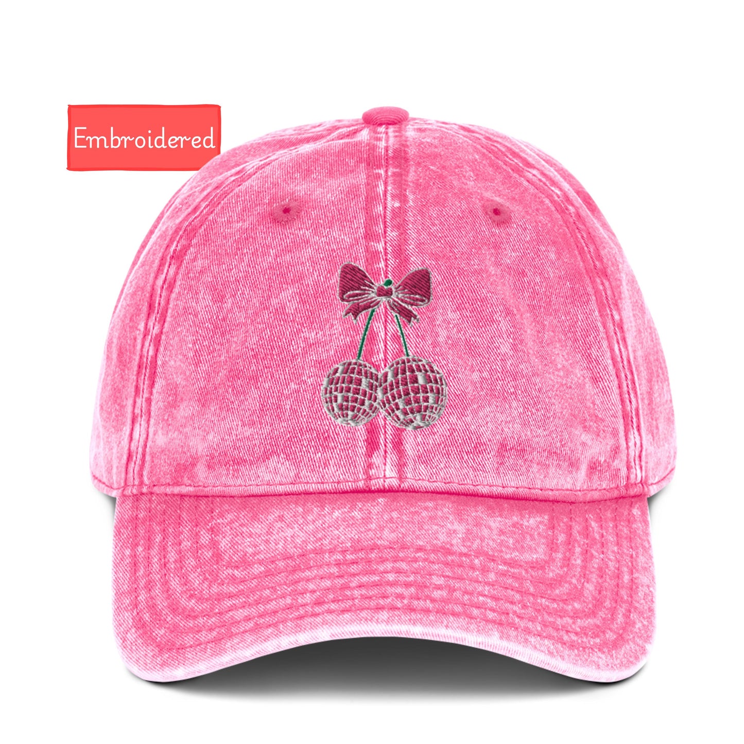 Embroidered coquette cherry bow hat, Vintage aesthetic pink disco ball cherry hat, Cotton Twill Cap gift for her