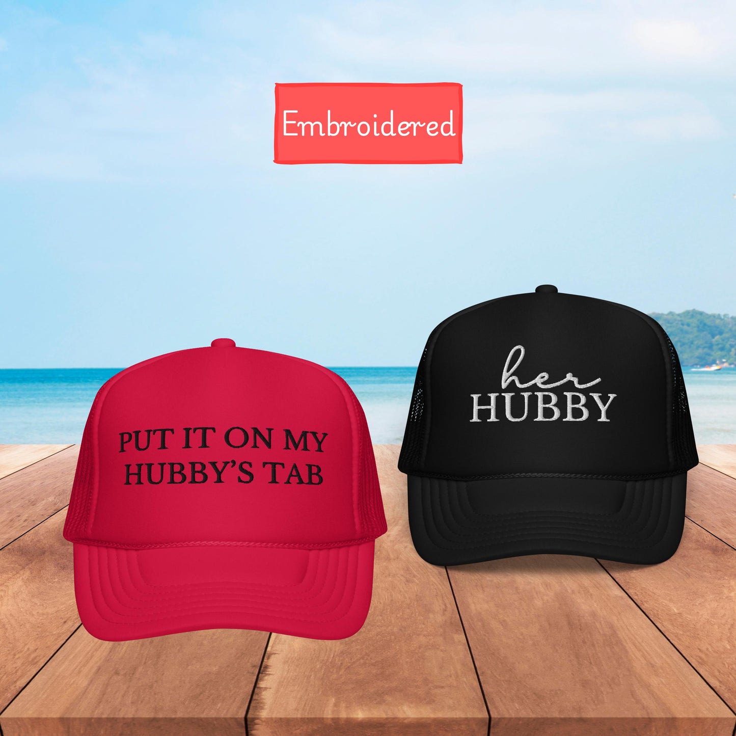 Funny Embroidered Bride and Groom Hats, matching wife and husband hat, put it on my husband's tab, funny wedding gift, funny wife hat