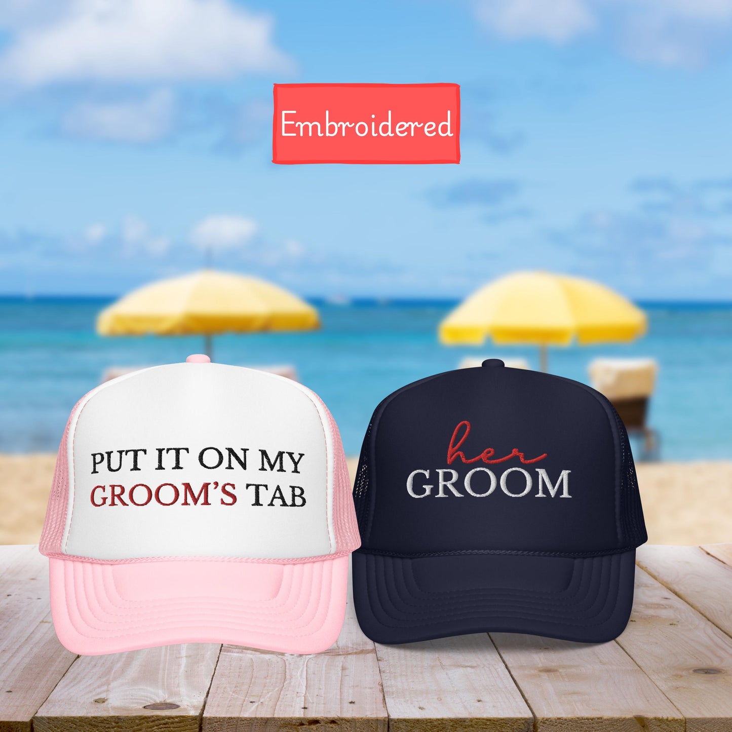 Funny Embroidered Bride and Groom Hats, matching wife and husband hat, put it on my husband's tab, funny wedding gift, funny wife hat