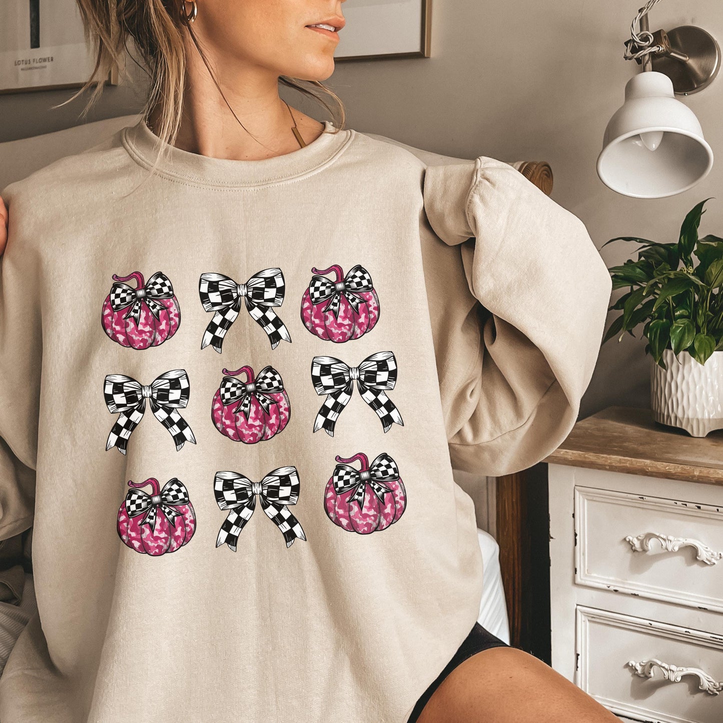 Pink halloween sweatshirt, Cute bow pumpkin sweatshirt, fall season sweater gift for her, coquette bow sweatshirt
