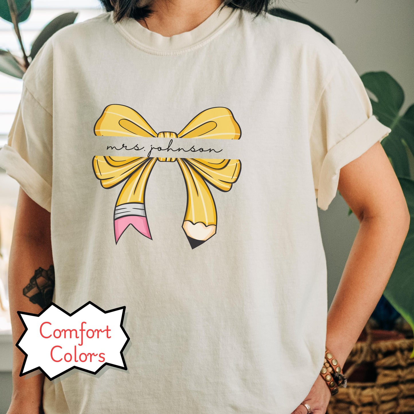 Personalized Comfort Colors® teacher shirt, coquette bow custom name teacher t-shirt, kindergarten fourth grade second grade teacher gift