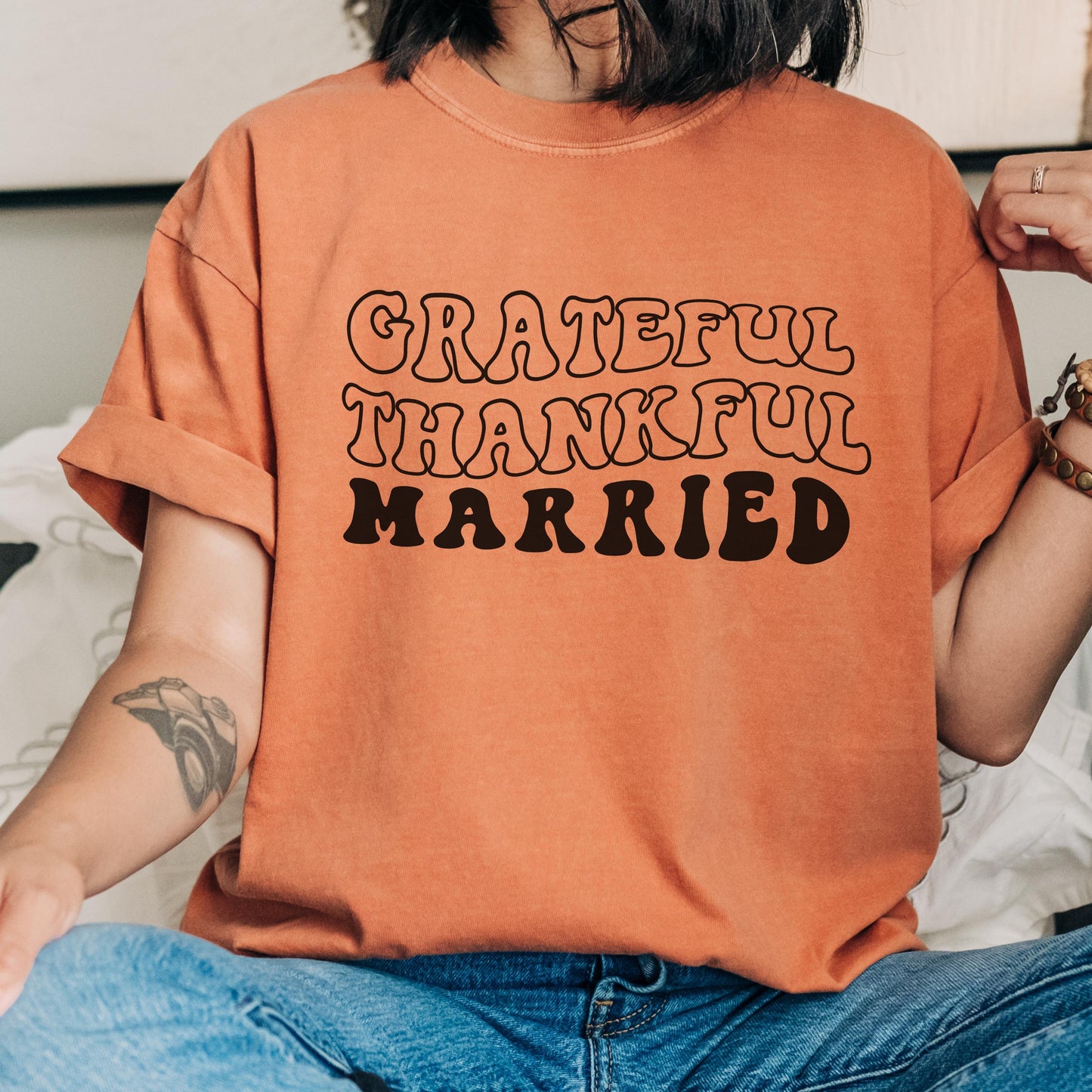 Comfort Colors married shirt, grateful thankful shirt for bride, first thanksgiving after wedding shirt, couple tshirt
