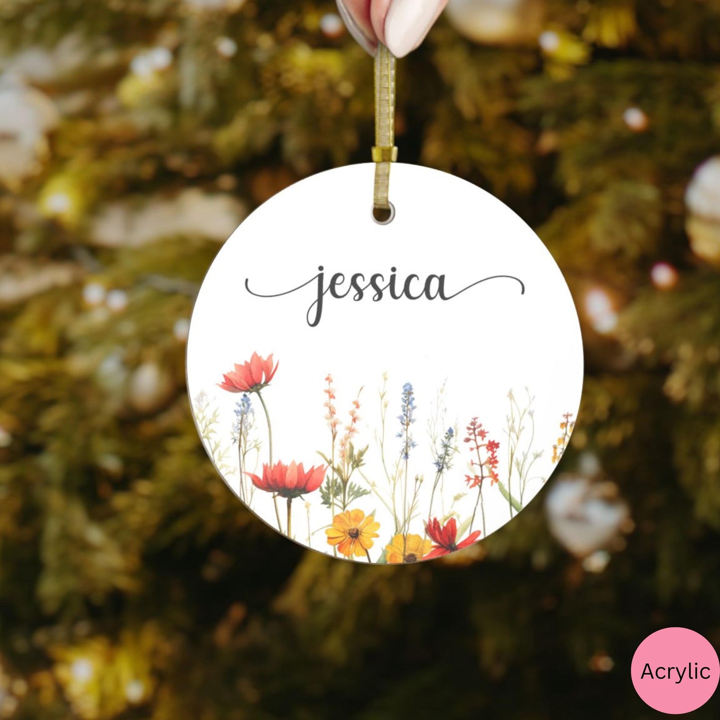 Personalized ornament with name, family christmas ornament, cottagecore wildflowers ornament, custom acrylic ornament, best friend gift