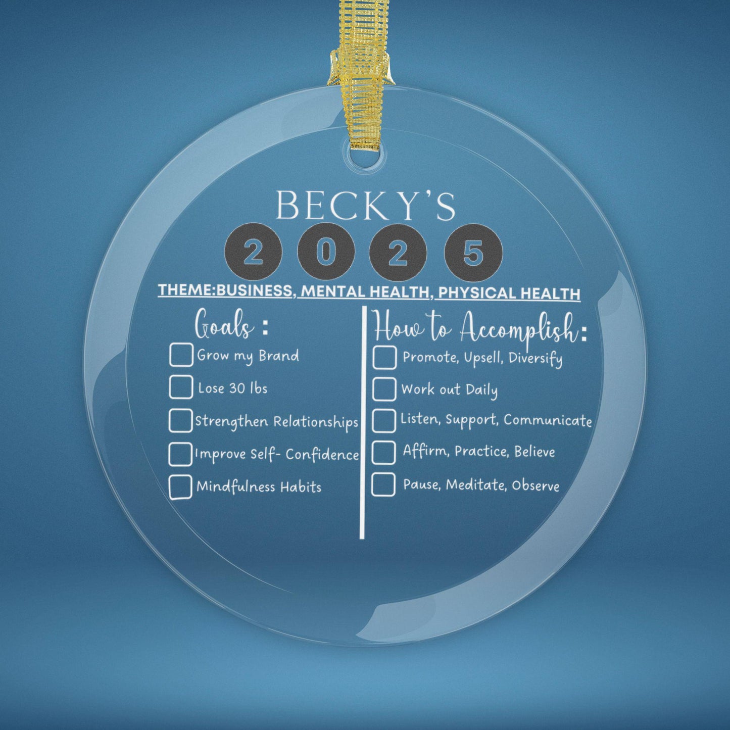 Personalized New Year 2026 Ornament, New Year resolutions gift, personal goals ornament with check mark, happy new year ornament