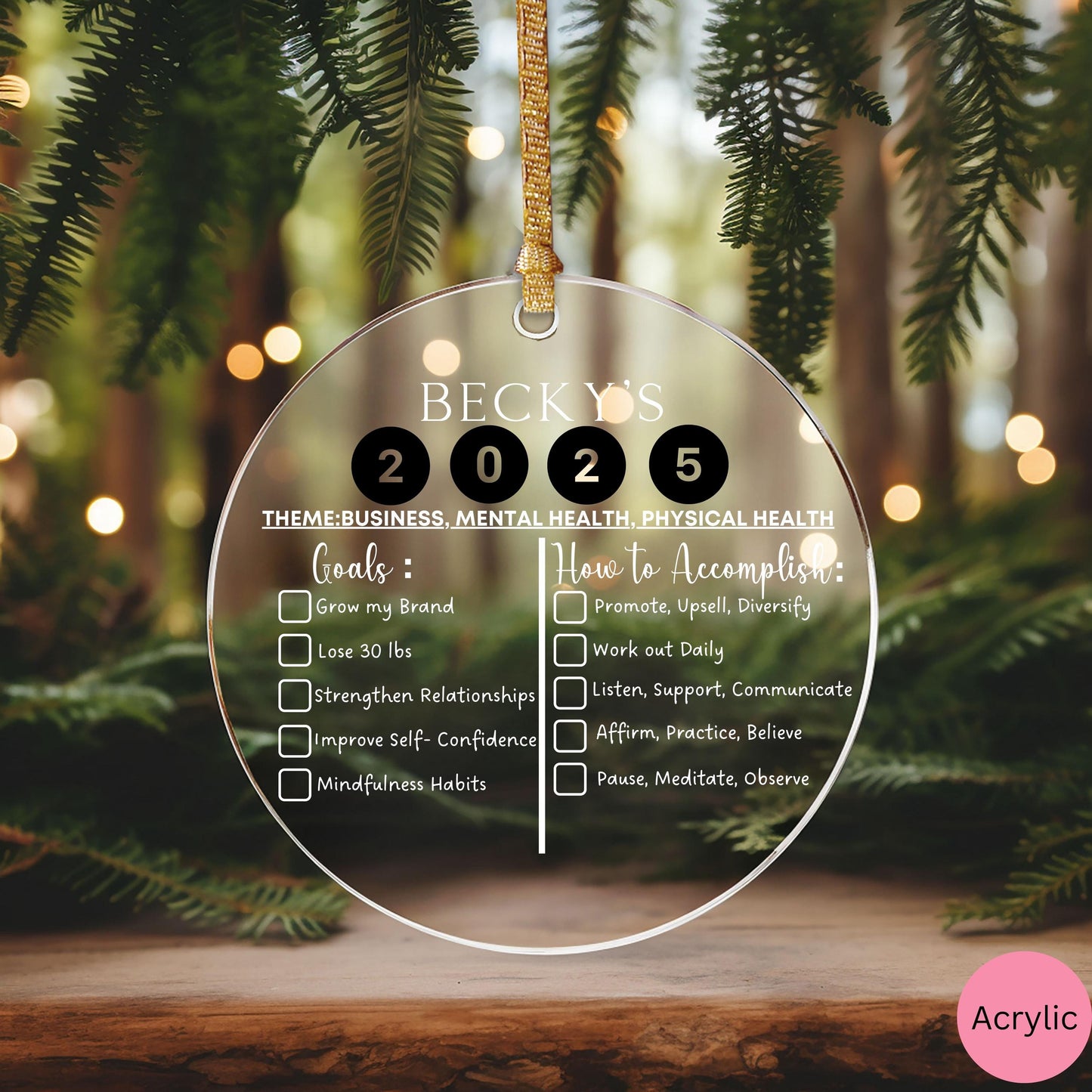 Personalized New Year 2026 Ornament, New Year resolutions gift, personal goals ornament with check mark, happy new year ornament